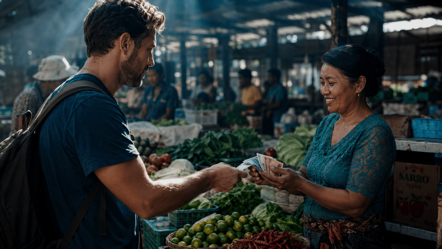 exchanging money at a local market in lovina.